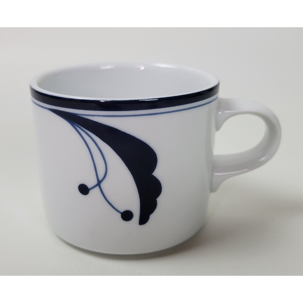 Dansk Flora Bayberry Coffee Flat Cup White Navy Blue Ceramic Portugal 2.5 in